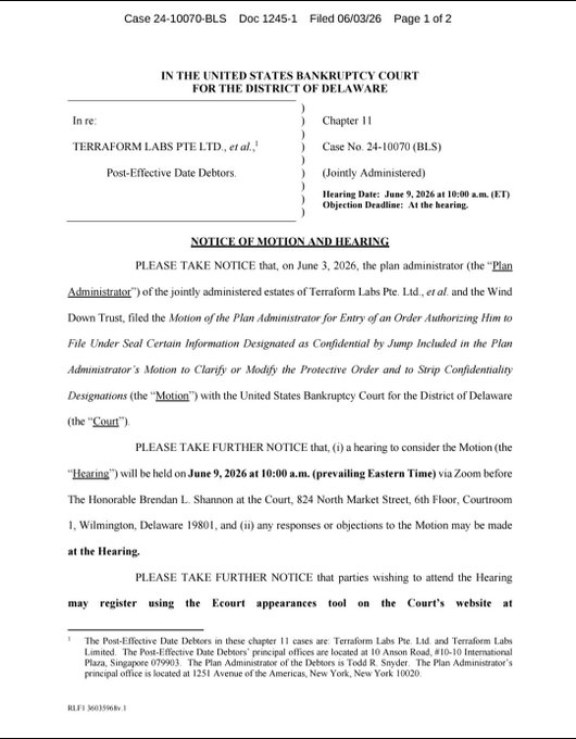 The image shows a document titled "Notification and hearing" written in black text, which appears to be related to a court case or legal proceeding. The document also contains information about a cryptocurrency called "LunaClassic", as well as details of a court proceeding that took place on June 9th, 2006. The post is titled "I don't think anyone is bullish enough on #LUNC & #USTC As TFL continues its wind down even more massive amounts of 
Crypto is about to witness the biggest comeback story of all time in 2026".