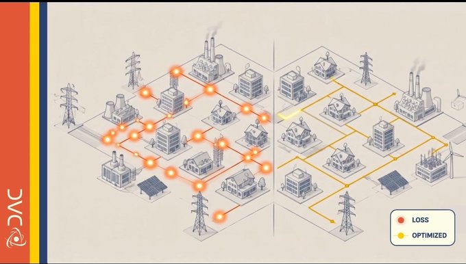 An isometric illustration comparing two city grids, one showing power lines with glowing red 'LOSS' indicators and the other with yellow 'OPTIMIZED' lines, accompanied by the 'DAC' logo on the left.