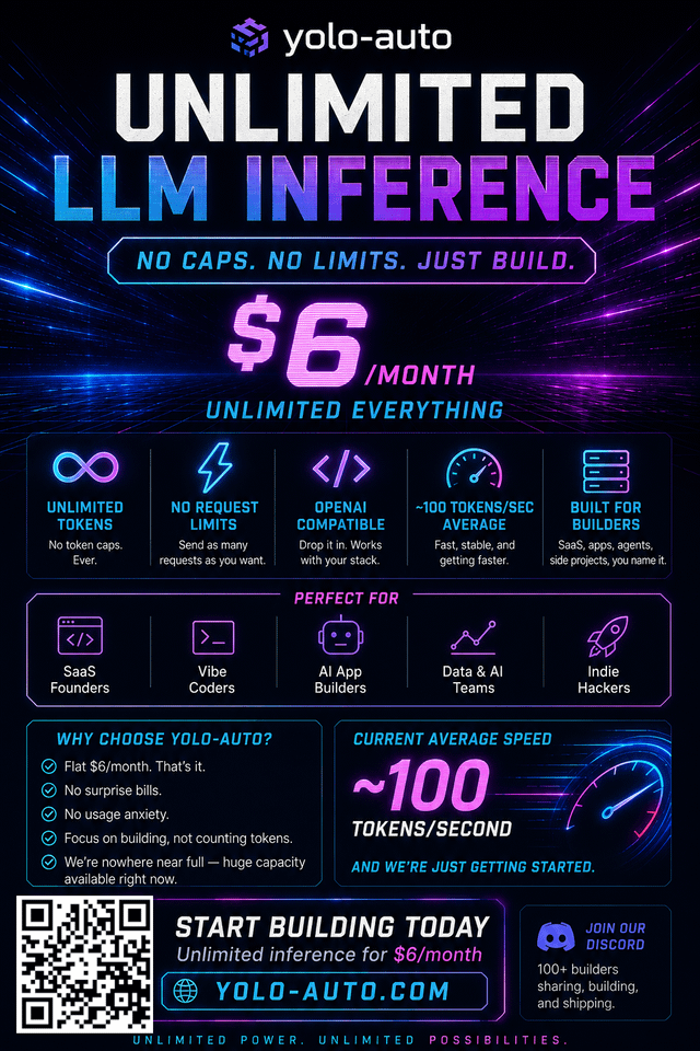 A neon-styled promotional flyer for yolo-auto advertising 'Unlimited LLM Inference' for $6/month with features like unlimited tokens, no request limits, and OpenAI compatibility, targeting SaaS founders, vibe coders, and AI app builders.