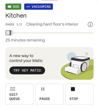 A mobile app interface displays a kitchen cleaning status at 99% battery, currently 'VACUUMING' with '25 minutes remaining' and controls for 'EDIT QUEUE', 'PAUSE', and 'STOP'.