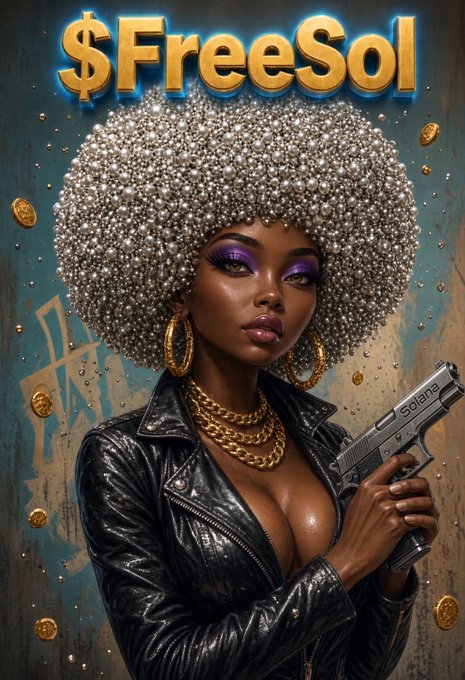 An illustrated poster featuring a woman with a large silver beaded afro, gold chains, and a leather jacket holding a pistol, with text reading "$FreeSol" at the top.