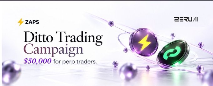 Promotional banner for a 'Ditto Trading Campaign' offering '$50,000 for perp traders' featuring ZAPS and ZERU AI logos with purple and green sphere graphics.