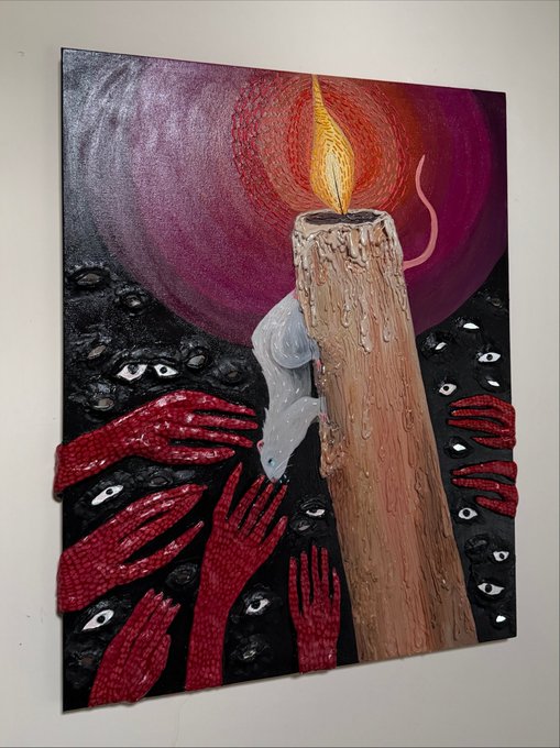 A dark, surreal painting on canvas depicting a melting candle, red hands reaching upward, and multiple eyes scattered across a black background.