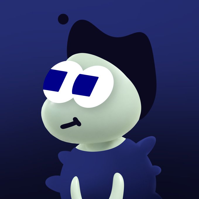 A 3D-rendered pale character with large blue eyes, dark hair, and a neutral expression sits against a navy blue background, likely serving as a mascot for the "FOMOS" NFT mint teased in the accompanying post about upcoming mint details.