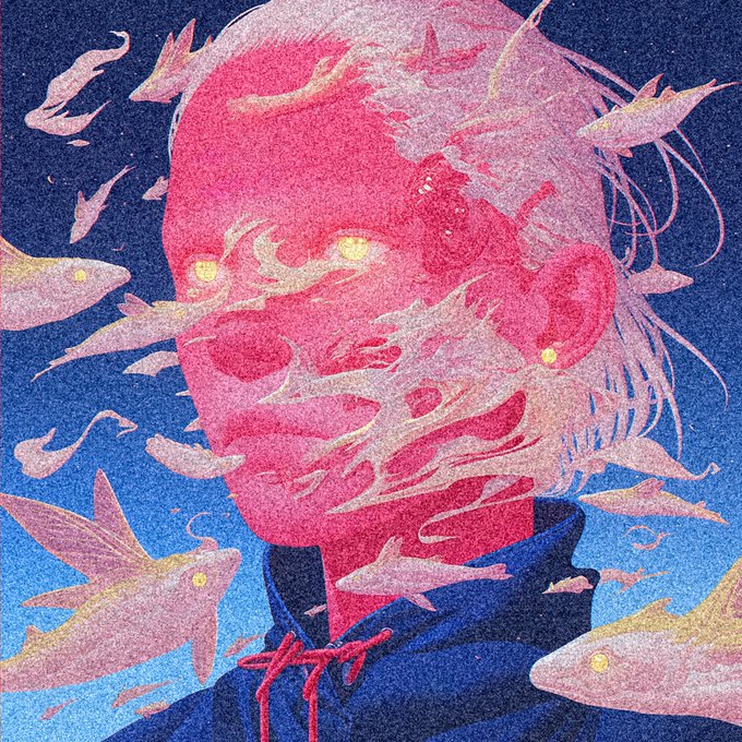 A surreal digital artwork featuring a pink-toned face with glowing yellow eyes, surrounded by flowing ethereal shapes and bird-like creatures against a dark blue background.