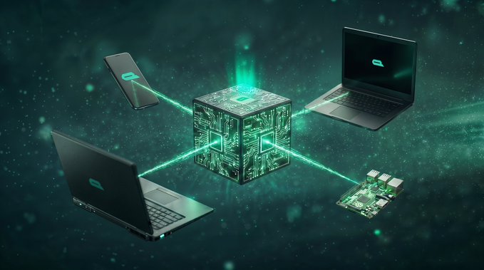 The image features a group of electronic devices, including three laptops and one cube-shaped device with green lights emanating from its center. These devices are connected by cords, suggesting that they might be part of an AI hackathon or a similar event where various tech gadgets are brought together for collaborative projects.

The caption "Tether AI hackathon" is written in the image, indicating that this scene may have been captured during such an event. The focus on these devices and their connections highlights the potential for innovation and collaboration within the field of artificial intelligence.
