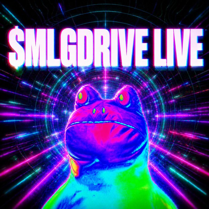 A neon, psychedelic-style graphic featuring a colorful frog with glowing green eyes beneath the bold text 'SMLGDRIVE LIVE' set against a vibrant, cosmic background.