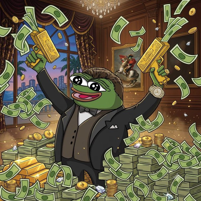 A cartoon Pepe the Frog character wearing a black tuxedo and bowtie, holding up gold bars while surrounded by stacks of cash and falling money in a lavish room with chandeliers.