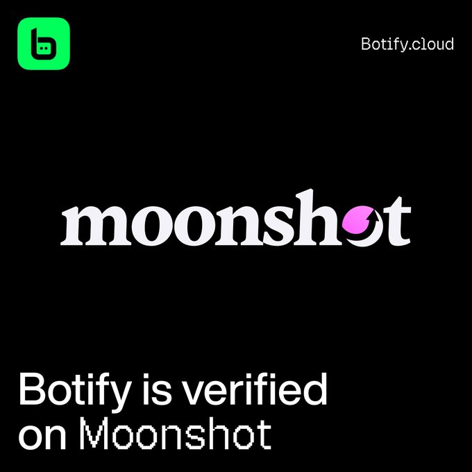 A promotional graphic with a black background featuring the Botify logo and 'Botify.cloud' at the top, the Moonshot logo in the center, and text reading 'Botify is verified on Moonshot' at the bottom.