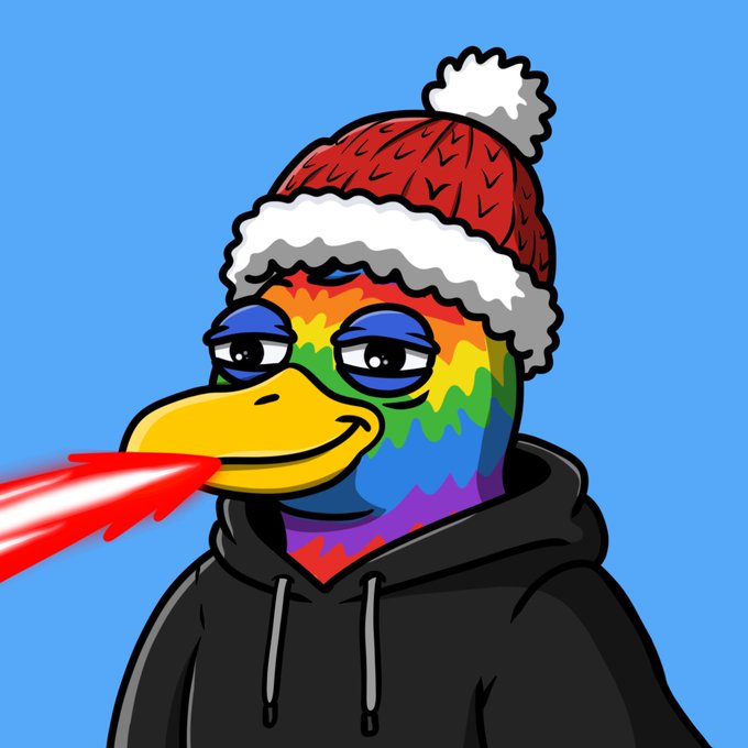 A cartoon illustration of a colorful duck character wearing a red winter hat and a black hoodie, breathing red fire against a blue background.