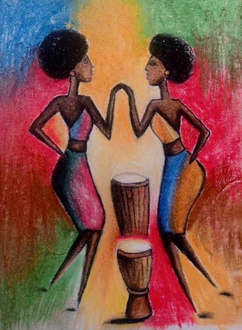 A colorful pastel drawing of two stylized African women with afro hairstyles dancing on either side of a djembe drum against a vibrant multicolored background.