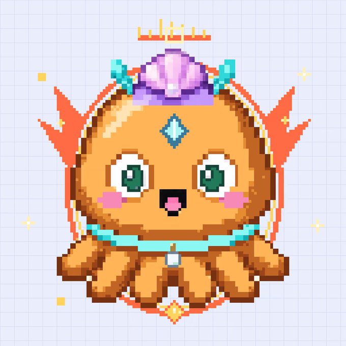 A pixel-art illustration of a cute orange cat-like creature wearing a purple shell/hat with a diamond gem, set against a grid background with sparkling accents.