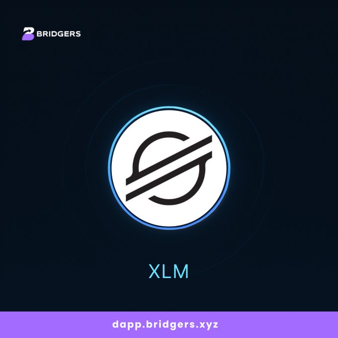 The image features a logo for a cryptocurrency called XLM (XLM Coin). The logo consists of a white circle with a black line through it, which is the symbol for XLM. The background of the image is dark blue, providing a stark contrast that makes the logo stand out. Below the logo, there's text that reads "dappp bridges.xz" and "XLM", indicating the name of the cryptocurrency being promoted in this image.