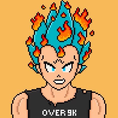 A pixel art image of a character with blue and orange flame-like hair wearing a black tank top that reads "OVER 9K".