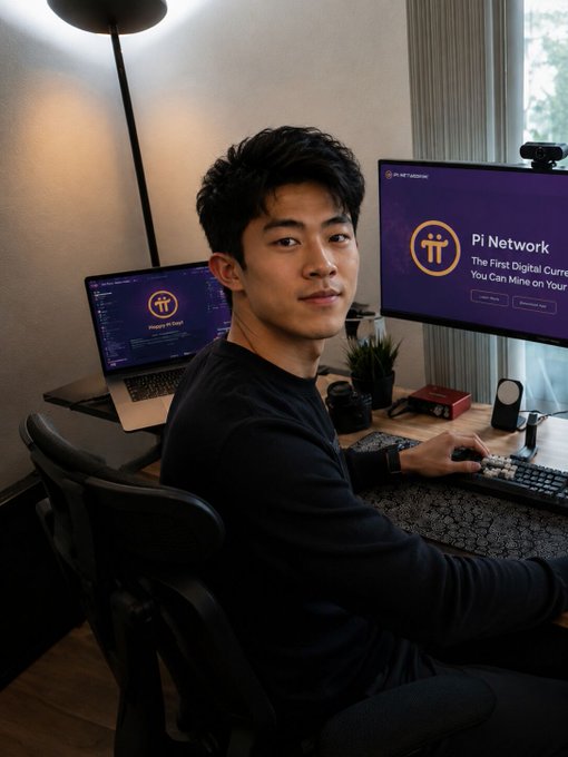 A young man sits at a dual-monitor workstation, with the larger screen displaying "Pi Network — The First Digital Currency You Can Mine on Your" alongside the Pi logo, while his laptop shows a matching Pi interface. The image visually supports the post's message by depicting a community member actively engaging with Pi Network, illustrating how users continue to explore the platform on their own initiative despite the official team's neutrality on pricing matters.
