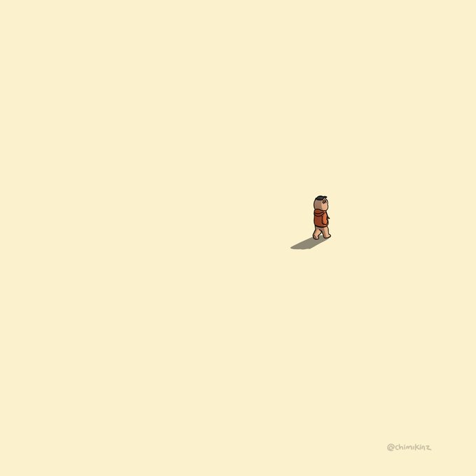 A minimalist illustration on a cream background showing a tiny figure of a child in a red jacket walking alone, casting a small shadow, with the watermark '@chimykimz' in the corner.