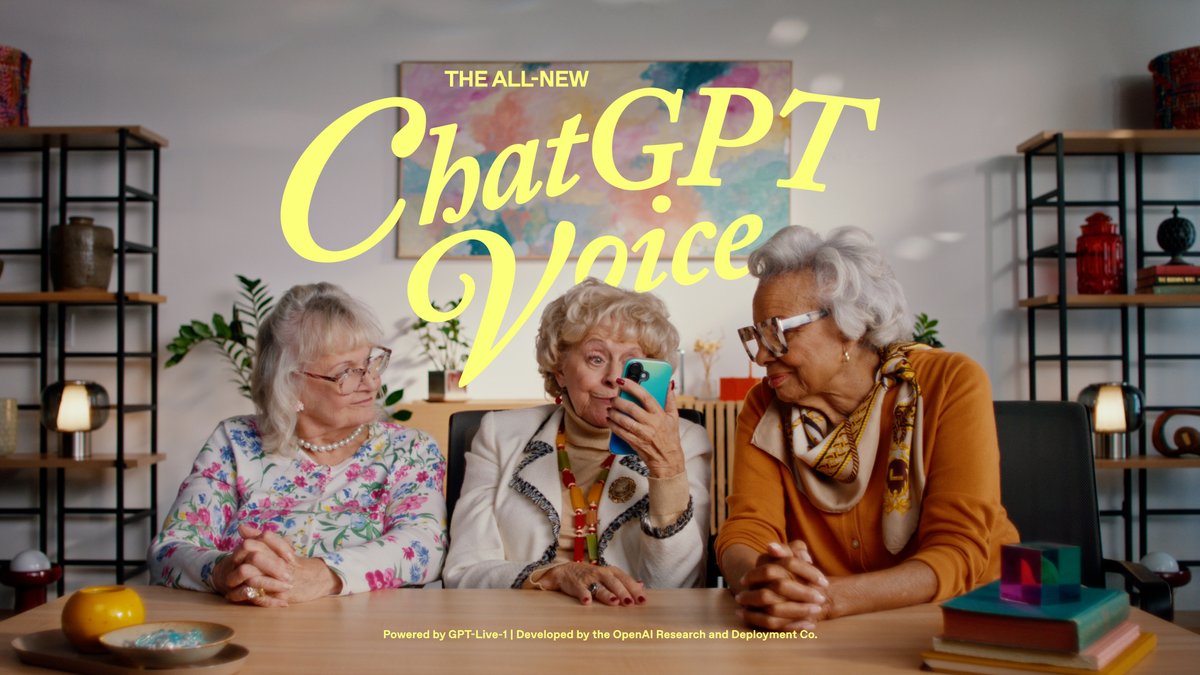 Three elderly women gather around a smartphone on a table, with bright yellow script text reading "THE ALL-NEW ChatGPT Voice" overlaid on the image, visually capturing the post's humorous coincidence of ChatGPT launching its real-time voice feature right when the user planned to share their own real-time voice model experience. Small text at the bottom notes it is "Powered by GPT-4o | Developed by the OpenAI Research and Deployment Co."