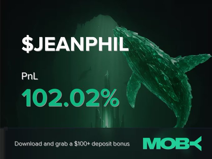 The image is a promotional graphic from Moby highlighting a winning trade, featuring a green "$JEANPHIL" ticker, a PnL of +102.02%, and a large crystalline whale sculpture, with text promoting a $100+ deposit bonus and the Moby logo.