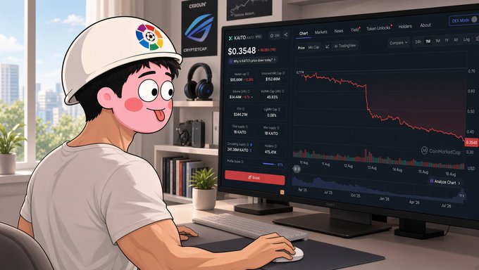 A cartoon-style illustration of a young man wearing a hard hat sitting at a computer displaying a cryptocurrency trading chart on CoinMarketCap with prices and red downward trending graphs.