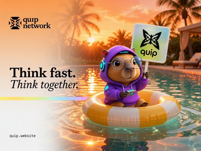 A cartoon bear wearing glasses and a purple hoodie floats on an orange-and-white pool ring in a sunset pool scene, holding a sign that reads "quip." The image promotes "quip network" with the slogans "Think fast. Think together." and "quip.website," visually reinforcing the post's message about collective quantum-resistant crypto innovation.