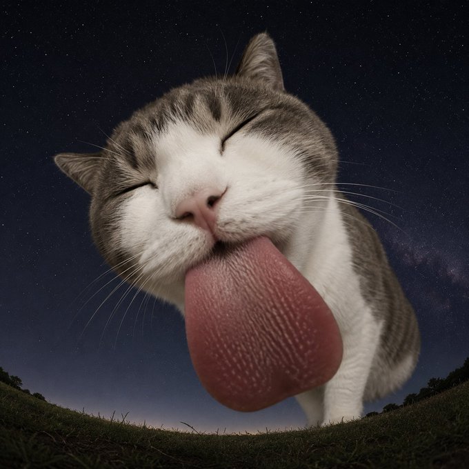 A gray and white cat with closed eyes stands on grass under a starry night sky, licking its oversized, textured tongue in exaggerated fashion—fitting the humorous "$lickingcat" meme that humorously warns of this absurd feline phenomenon taking over.
