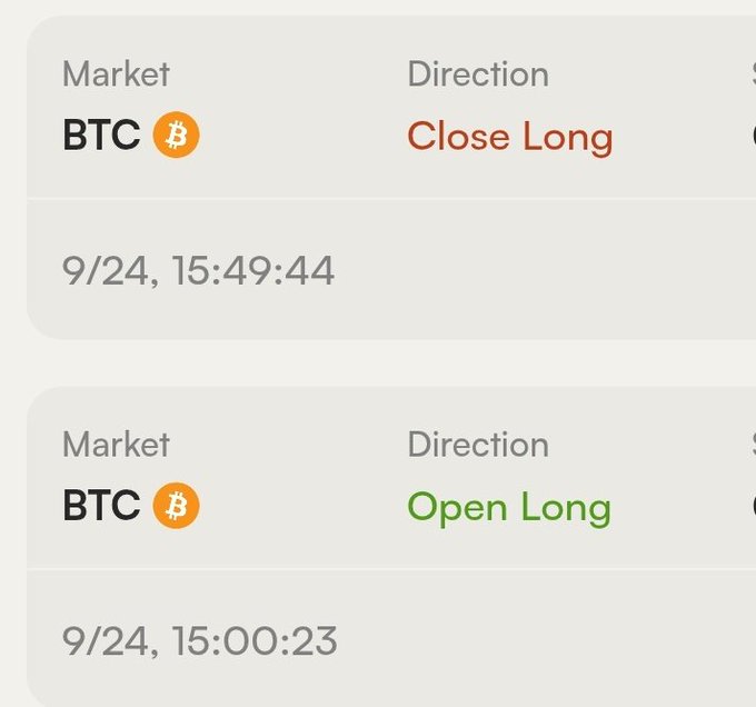 A trading interface showing two BTC transactions: a 'Close Long' at 9/24, 15:49:44 in red, and an 'Open Long' at 9/24, 15:00:23 in green.