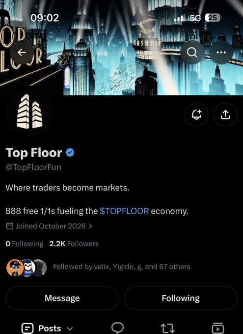 A Twitter/X profile page for "Top Floor" (@TopFloorFun), featuring a stylized cityscape banner, a verified checkmark, and the bio "Where traders become markets."