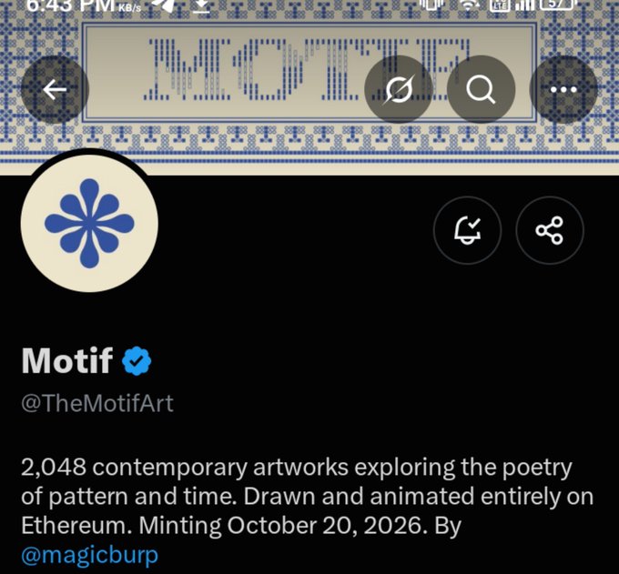 A screenshot of an X (Twitter) profile page for the verified account **Motif (@TheMotifArt)** displays the project's banner featuring the word "MOTIF" in blue cross-stitch-style lettering against a matching patterned background, with the profile picture showing a blue eight-petal flower icon. The bio reads, "2,048 contemporary artworks exploring the poetry of pattern and time. Drawn and animated entirely on Ethereum. Minting October 20, 2026. By @magicburp," reinforcing the accompanying post's details about the upcoming Ethereum NFT collection with 2,048 pieces and an October 20, 2026 mint date.