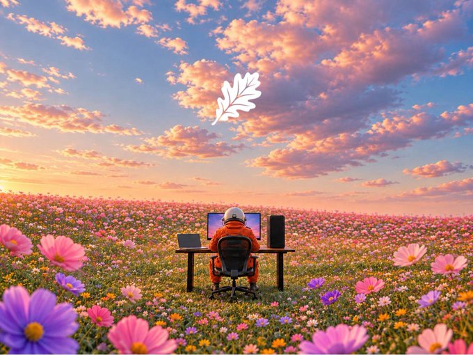 An astronaut sits at a desk in a vibrant flower field under a pastel sunset sky, working on dual monitors with a floating leaf icon overhead. The serene yet surreal scene reflects the "2hrs to launch" post, capturing a moment of calm productivity before a big mission begins.