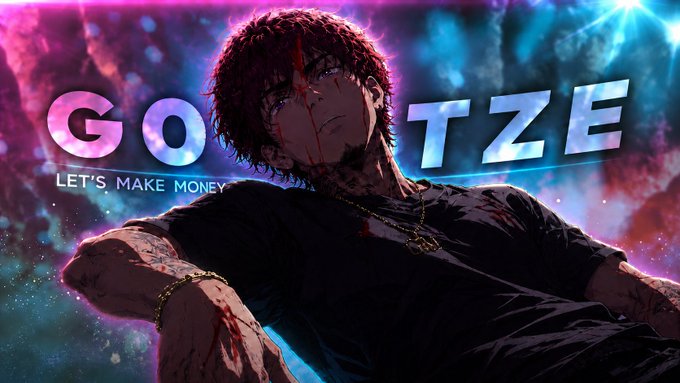 An anime-style character with blood splattered on his face and clothing is featured against a vibrant cosmic background, with the bold text "GO TZE" and "LET'S MAKE MONEY" overlaid in a stylized format. The image ties into the post's "GM GANG G0TZE MORNING" greeting by incorporating the G0TZE name and tagline as a branded, motivational visual for the crypto community.