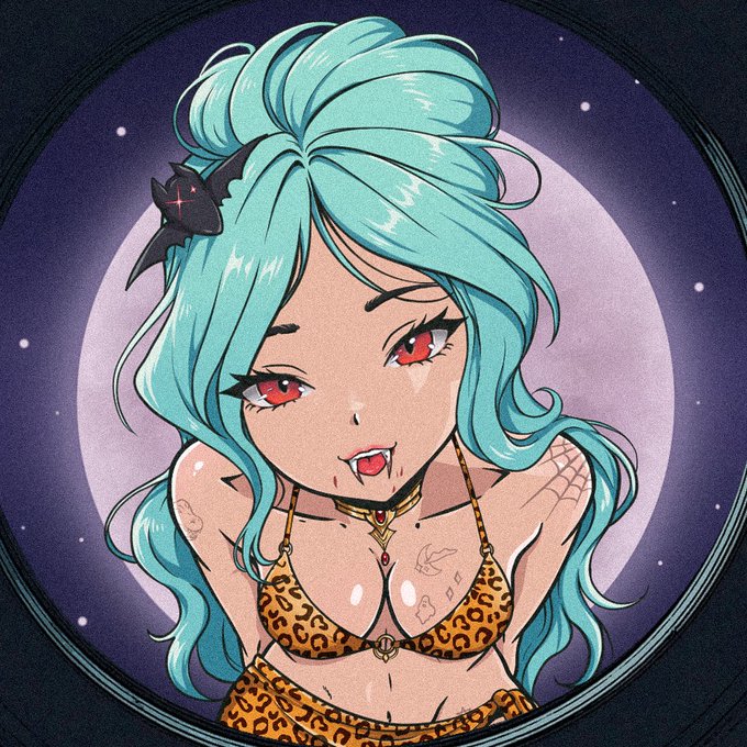 An anime-style illustration depicts a girl with teal hair in a bun, red eyes, a black bat hair clip, and a leopard print top with a cross necklace, posed against a moonlit night sky.