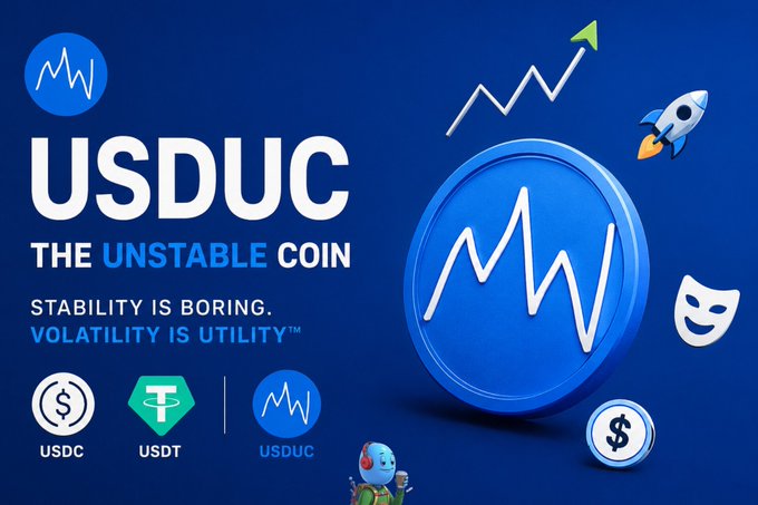 An advertisement for "USDUC THE UNSTABLE COIN" with the tagline "STABILITY IS BORING. VOLATILITY IS UTILITY™" and logos for USDC, USDT, and USDUC.
