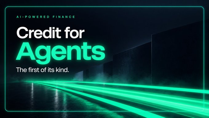 A sleek promotional banner for 'AI-POWERED FINANCE' reads 'Credit for Agents' and 'The first of its kind' against a dark background with glowing green laser lights.
