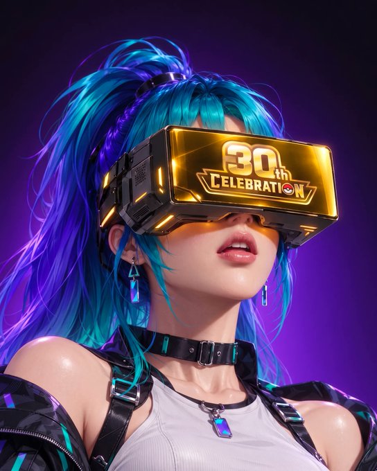 A stylized character with vibrant teal and blue hair wears a futuristic golden VR-style visor displaying "30th CELEBRATION," with a small Pokéball icon tying the cyberpunk aesthetic to the Pokémon 30th Anniversary collection mentioned in the post. The high-tech, premium vibe of the artwork visually reinforces the "supercycle" hype around the collectibles drop.