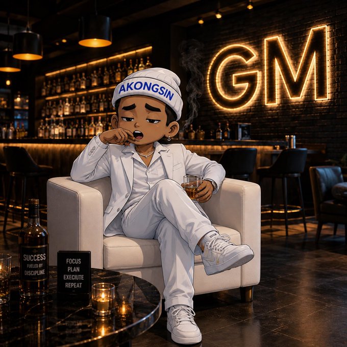 A cartoon illustration of a stylish character in a white tracksuit and white sneakers sitting in a white armchair in a bar/lounge setting, wearing a cap that says 'AKONGSIN' with a 'GM' neon sign in the background and motivational text 'FOCUS PLAN EXECUTE REPEAT' visible.