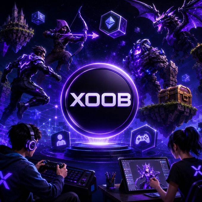 xtob, a video game company, promotes their new game "XOB" with a purple and black color scheme against a dark blue backdrop featuring dragons and other mythical creatures.