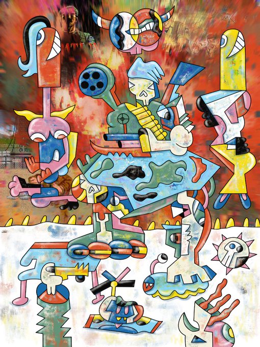 A colorful abstract painting filled with whimsical cartoon-like figures, creatures, and geometric shapes in vibrant hues of red, blue, yellow, and green.