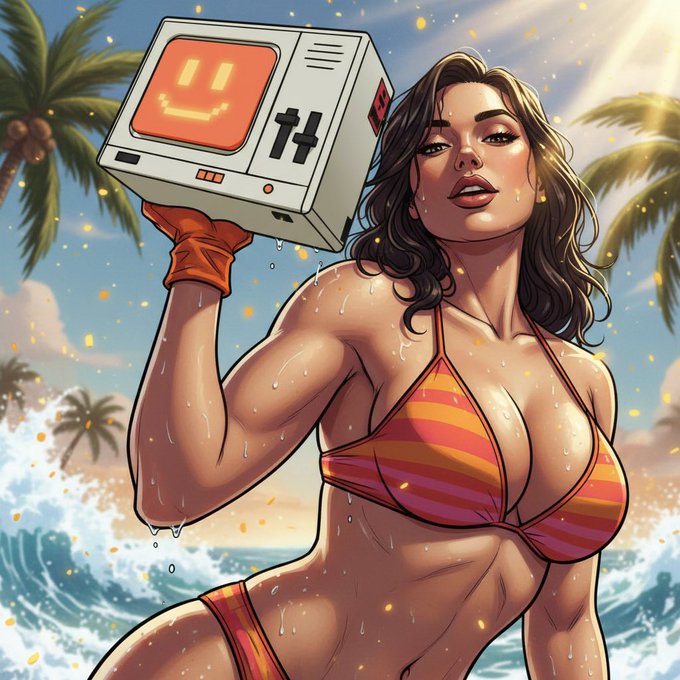 A stylized digital illustration of a muscular woman in a striped bikini holding a retro computer with a smiley face screen as her head, set against a tropical beach backdrop.