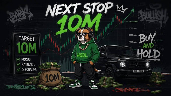 A crypto-themed graphic featuring an anthropomorphic tiger in a 'HODL' hoodie with money bags and a black SUV, surrounded by text like 'NEXT STOP 10M', 'TARGET 10M', 'FOCUS PATIENCE DISCIPLINE', and 'BUY AND HOLD'.