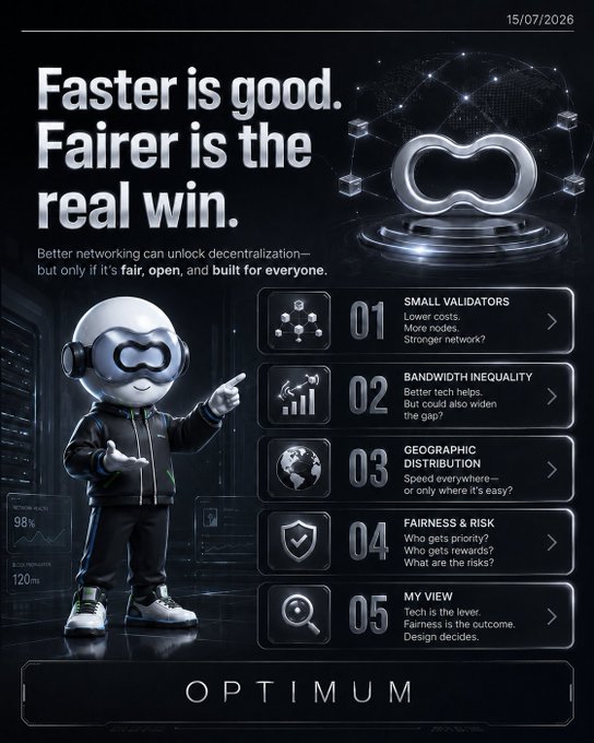 A promotional graphic dated 15/07/2026 with the text 'Faster is good. Fairer is the real win.' and 'OPTIMUM' at the bottom, featuring a mascot character in goggles alongside a numbered list of five points: 'SMALL VALIDATORS', 'BANDWIDTH INEQUALITY', 'GEOGRAPHIC DISTRIBUTION', 'FAIRNESS & RISK', and 'MY VIEW'.