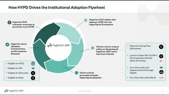 A presentation slide titled 'How HYPD Drives the Institutional Adoption Flywheel' by Hyperion DeFi, showing a five-step circular flow diagram detailing how Hyperion DeFi uses HYPE tokens and earns validator commissions, with subsidiary brands listed including KNTO, HPL, Silhouette, and Skew.