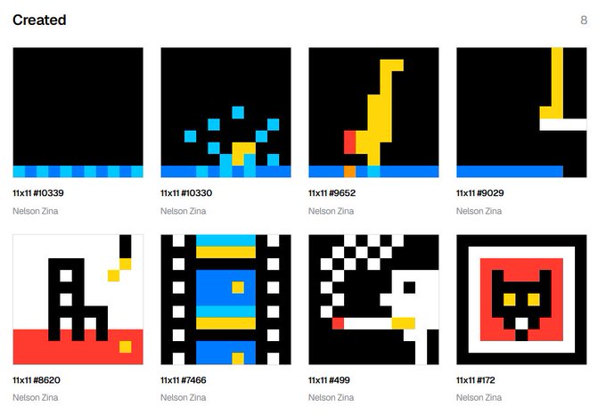 A screenshot showing a gallery of 8 minimalist pixel art pieces in an 11x11 grid format, all created by "Nelson Zina" with titles like "11x11 #10339," "11x11 #10330," "11x11 #9652," and others, displayed on what appears to be the networked.art platform as referenced in the "GM" greeting post.