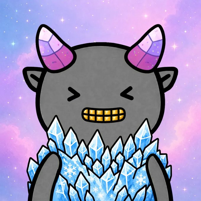 The image features a cartoon character with large horns, wearing a suit of armor made from ice crystals. The character has a big smile and appears to be happy or excited about something. The caption below the image reads "Minted this fire @OgrePFPs ON @xrpcafe Rarity #xrp #bridge2xrpl XRP HAS NFTS TOO".