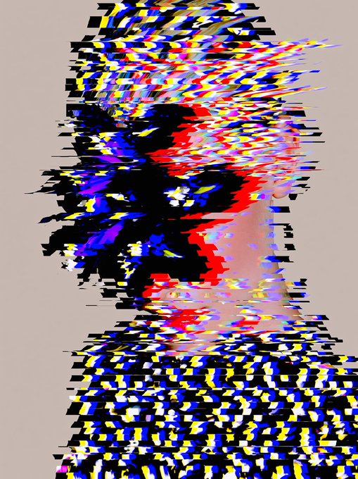 Glitched, pixelated portrait of a person with vibrant red, blue, yellow, and black color distortions creating a digital corruption effect.