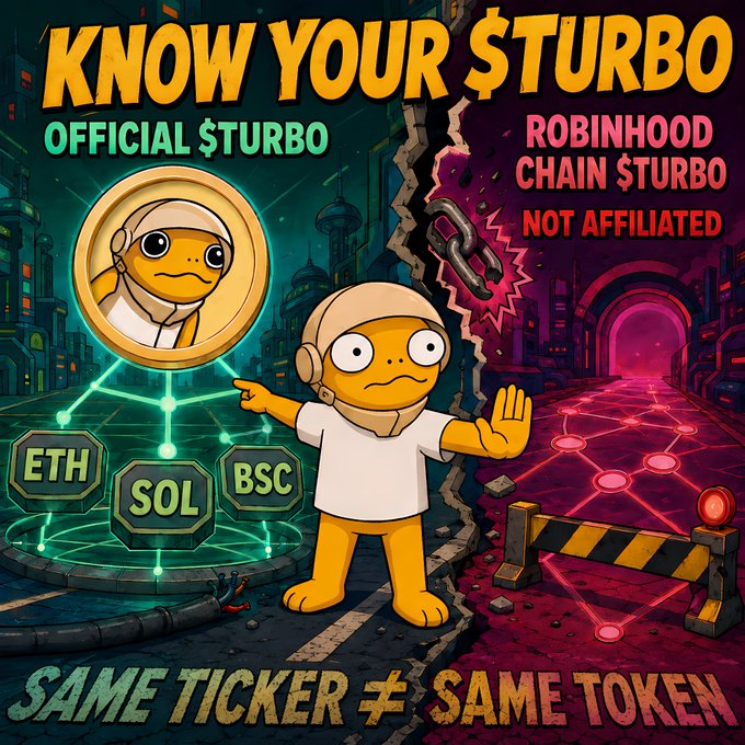 A crypto-themed graphic titled 'KNOW YOUR $TURBO' warning that 'SAME TICKER ≠ SAME TOKEN' between the official $TURBO token and a Robinhood Chain version, not affiliated.
