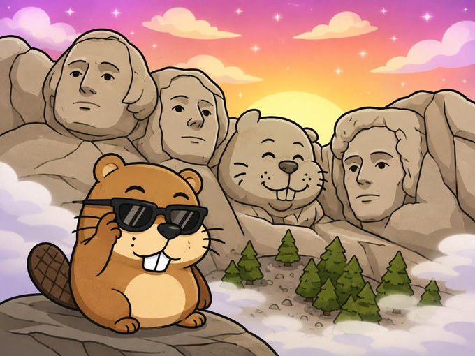 A cartoon illustration features a beaver wearing sunglasses sitting in front of a Mount Rushmore-like sculpture where one of the faces has been replaced with a beaver, set against a pink sunset sky.