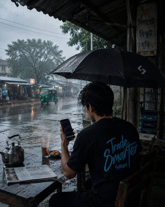 A young man sits under a black umbrella at a roadside tea stall during heavy rain, holding a smartphone displaying trading charts, with a steaming kettle, glass of chai, and newspaper on the table. The image visualizes the post's message about seizing trading opportunities in any condition, reinforced by the "Trade Smarter by Bitget" branding on his shirt, tying the resilience of daily routine to consistent market readiness.