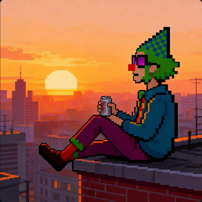 Pixel art illustration of a person with green hair and a party hat sitting on a rooftop holding a soda can at sunset, overlooking a city skyline.