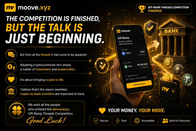 A promotional graphic for 'moove.xyz' announcing that the 'OFF-RAMP THREADS COMPETITION' has finished, featuring a phone displaying an off-ramp interface and crypto-to-bank transfer features.