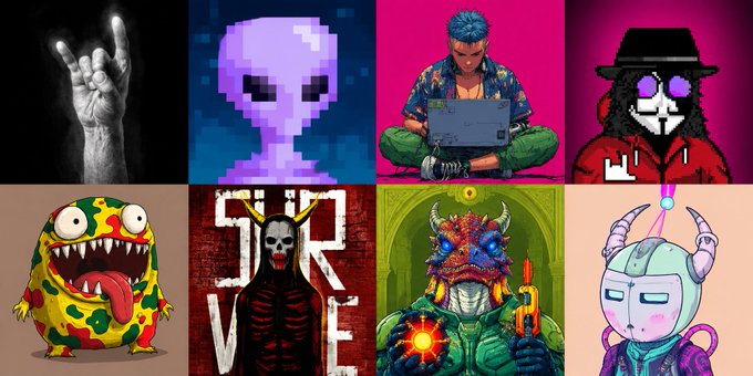 A collage of various artistic images including a hand making a rock gesture, a purple pixelated skull, a person with a laptop, a masked figure, a colorful monster, a 'SIN' text design, a horned creature, and a character with horns.